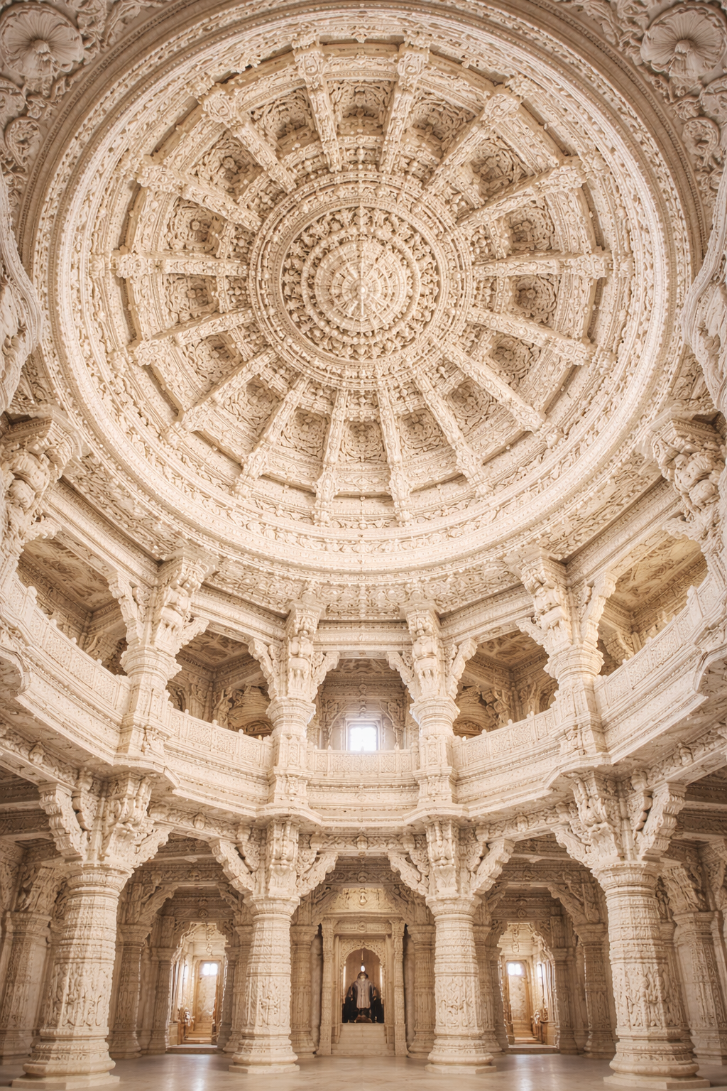 Breathtaking Dilwara Jain temple interior at Mount Abu with ornate white marble ceiling carved in intricate lacework circular medallion pattern, ornate marble pillars all around, pure white marble in soft light -- HD architectural wallpaper